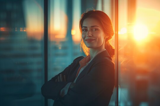 smiling business woman at the office, in the style of realistic chiaroscuro, poster ,backlight , nul group, open form, optical, rounded 