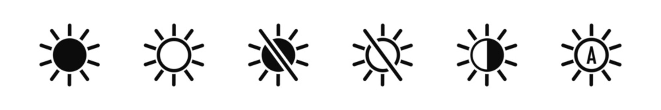 Contrast level button. Sun or screen brightness. Set of brightness control icons. Screen brightness and contrast settings icon vecror design style