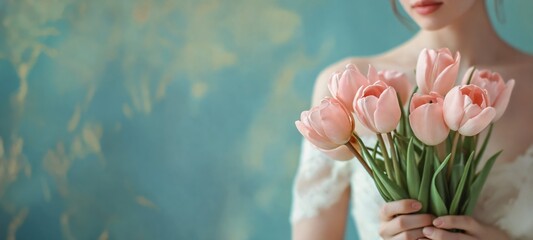 Bouquet of pink tulips in hands of beautiful young girl, close up