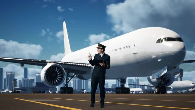 Full Body Of Asian Man Pilot Using A Tablet And Pointing To Side While Standing In Airfield With Airplane On Background
