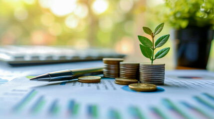 A green plant growing on coins against the background of a report on the financial structure of the business. The concept of savings, investments, interest and economic growth - obrazy, fototapety, plakaty