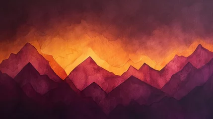 Zelfklevend Fotobehang A watercolor abstract of a mountain range at dawn, with peaks touched by golden sunlight against a deep burgundy sky © Naseem