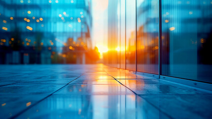 Obraz premium A deserted business office with panoramic windows, against which the rays of the setting sun and a blurred background in the bokeh style are visible.
