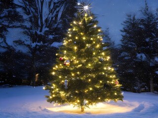 Christmas tree with a star on the background of the winter forest