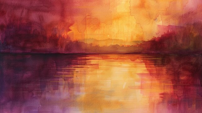A watercolor abstract of a serene lake at sunset, where the water reflects a symphony of burgundy and gold tones