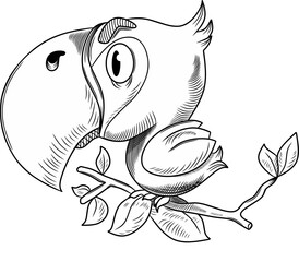 Cute parrot hanging on a branch black and white, tropical bird, bird illustration