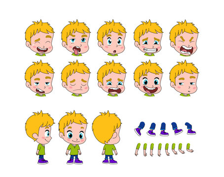 Set of elements for creating boy character animation. Little preschool cute boy with different emotions, gestures, poses. Arms, legs and other body parts construction. Cartoon flat vector collection