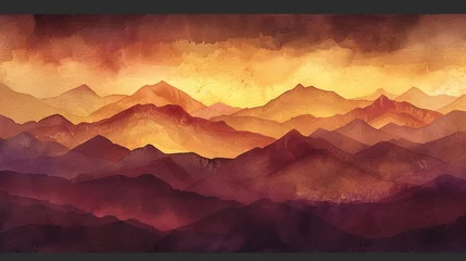 Fototapeten A watercolor abstract of a mountain range at dawn, with peaks touched by golden sunlight against a deep burgundy sky © Naseem