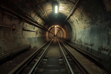 Fototapeta premium Subway Tunnel , Vanishig Point Mysterious Depths: The Vanishing Point of an Abandoned Subway Tunnel