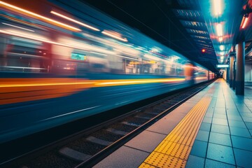 Train Passing Through a Station , Panning style Velocity Streaks: High-Speed Train Blurring Through a City Station