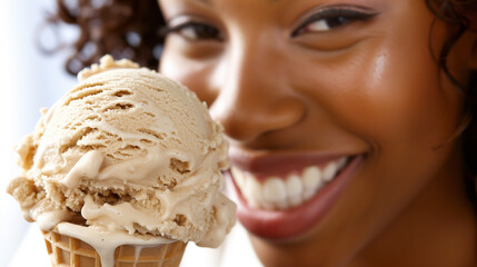 A happy, smiling woman eating ice cream.