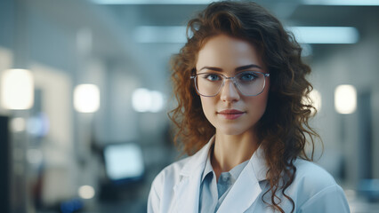Fototapeta premium Beautiful young female scientist in a white coat and glasses in the laboratory
