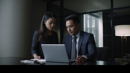 Collaborative Synergy in Diversity: Enthusiastic Latin Businessman and Asian Businesswoman Engaging in Productive Partnership, United in Strategy and Innovation over Laptop in Corporate Office Setting