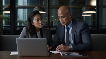 Collaborative Synergy in Diversity: Enthusiastic Latin Businessman and Asian Businesswoman Engaging in Productive Partnership, United in Strategy and Innovation over Laptop in Corporate Office Setting