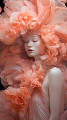 A beautiful high fashion model in a peach fuzz flowing organza dress