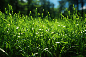 Green grass in the sunlight. Shallow depth of field. Selective focus