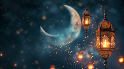 Ramadan Nights : Lanterns Glow Under Crescent Moon