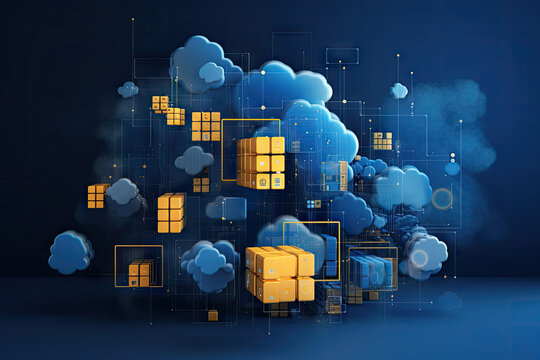 Cloud computing concept on abstract blue background 3D rendering toned image double exposure