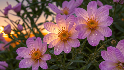 Beautiful pink flowers on the background of the sunset. AI