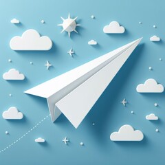 White Paper Airplane on a Blue Background flat lay illustration