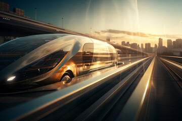 Futuristic tram riding over blurred cityscape background. Generative AI