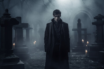 Portrait of stylish handsome vampire man on graveyard. Generative AI - obrazy, fototapety, plakaty
