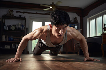 Fototapeta premium Handsome young Asian man doing push-ups on the floor at home