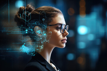 Side view of young businesswoman in glasses and suit working with virtual interface