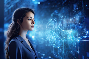 Side view of young businesswoman in glasses and suit working with virtual interface