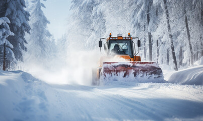 Tractor with a snow plow is plowing snow from a road during hard winter.