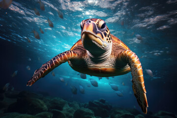 Hawaiian Green Sea Turtle (Chelonia mydas) - obrazy, fototapety, plakaty