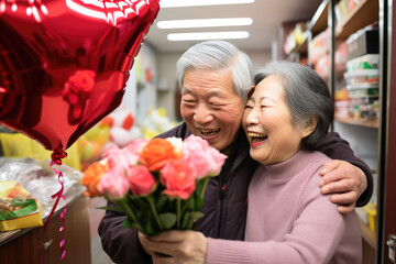 Asian senior couple holding a bouquet of flowers at home. Asian people