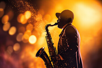 Saxophonist playing on saxophone against bokeh lights background - obrazy, fototapety, plakaty