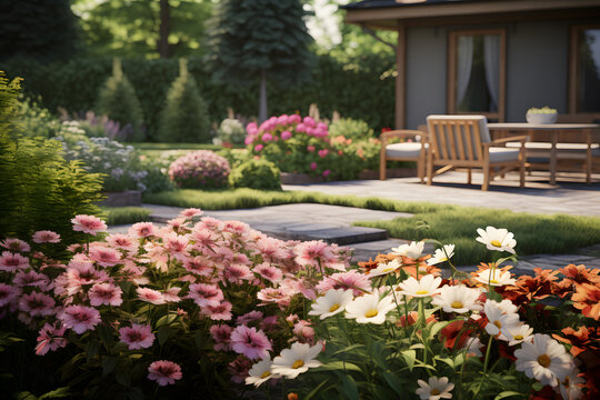 Outdoor garden with a vibrant flowerbed