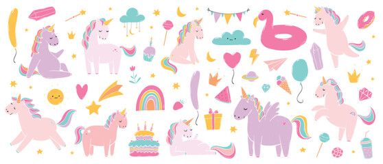 set of cute nursery doodles, birthday clip art, cartoon elements for stickers, prints, cards, posters, banners, sublimation, etc. EPS 10 © Натали Осипова