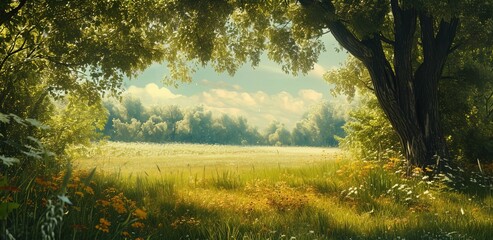 A tranquil summer meadow, bathed in sunlight with lush trees, wildflowers, and a picturesque blue sky, embodying peacefulness.