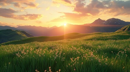 The setting sun casts a warm glow on flowering hills with the silhouette of majestic mountains in the distance, creating an inspiring scene.