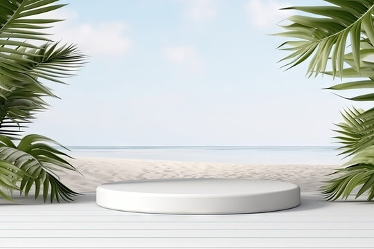 3d render of white podium with palm leaves on white background