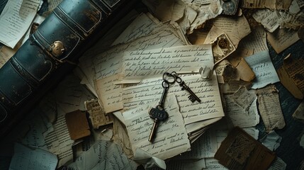 A trove of historical significance, this image captures scattered antique keys atop a pile of handwritten manuscripts and letters, all unearthed from a dusty attic.