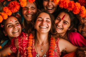 Fototapeta premium Joyful women covered in colorful powder celebrating the vibrant and lively Holi festival, exuding happiness and friendship.