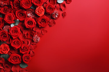 Valentine's Day banner with blank space for text top view red background, red rose, and love background concept