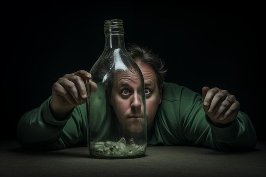 Man looking at camera through an empty bottle on black background. Generative AI