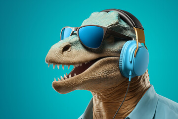 Portrait of cool trendy dinosaur listening music wearing headphones. Generative AI