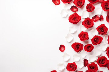 Valentine's Day banner with blank space for text top view white background, red rose, and love background concept