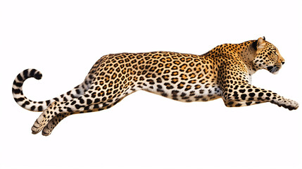 A Panthera pardus, or spotted leopard, is captured leaping in side view, isolated on a white background.