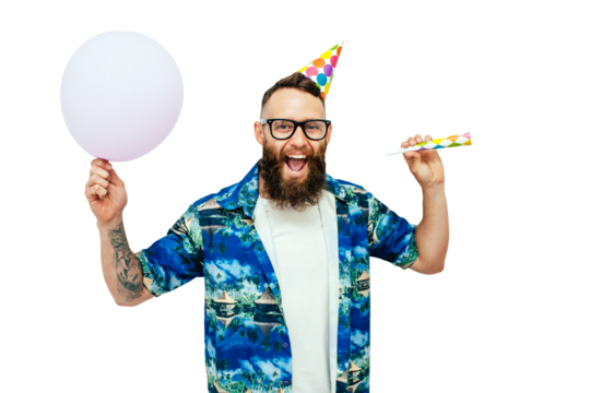 Close-up portrait of cheerful comic bearded guy with pink balloon wearing holiday hat, blowing whistle, celebrating his birthday! - Powered by Adobe