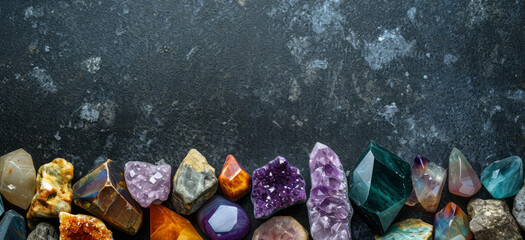 Banner with different colorful rough and polished gemstones and crystals, on dark concrete background with copy space for minerals and semi precious stones shops - obrazy, fototapety, plakaty