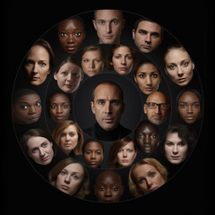 Obraz premium Group of diverse people faces in circle together. Generative AI