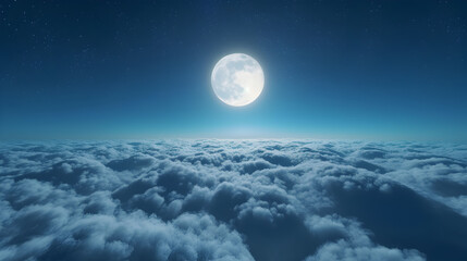 Beautiful realistic flight over cumulus lush clouds in the night moonlight.  above clouds full moon illustration, full moon shines brightly on a deep starry night. Cinematic scene. 3d illustration