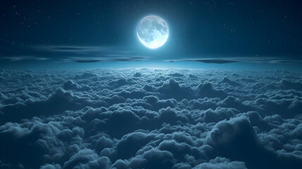 Beautiful realistic flight over cumulus lush clouds in the night moonlight.  above clouds full moon illustration, full moon shines brightly on a deep starry night. Cinematic scene. 3d illustration